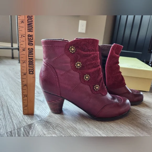 Red Leather Ankle Boots with Decorative Buttons - Picture 7 of 12